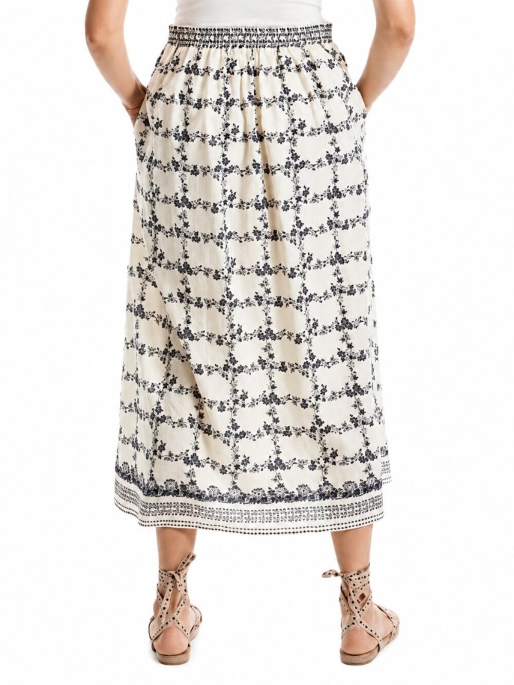 NWT MAX STUDIO A-Line Maxi Skirt Large Off White/ Black Floral - Picture 2 of 4